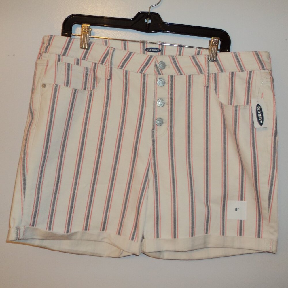 NWT Old Navy Shorts Women's Sz 16 Striped Button Flat Front White Red Blue Denim